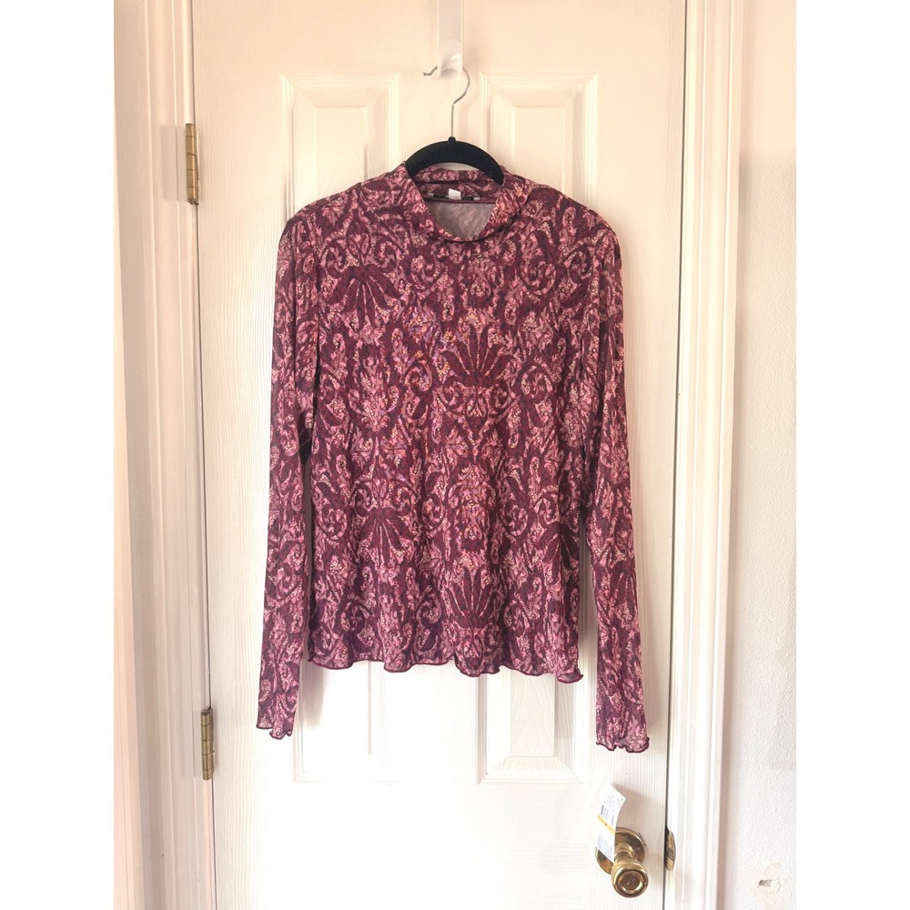 Single Thread Pomegranate Printed Cabo Mesh‎ Mock Neck Top Purple Medium